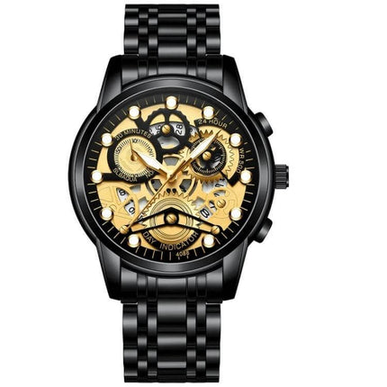 FNGEEN Men's Waterproof Luminous Quartz Watch For Daily Use black stainless steel bracelet with gold skeleton dial and luminous hands