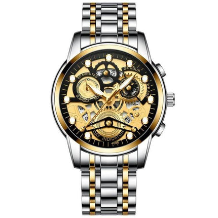 FNGEEN Men's Waterproof Luminous Quartz Watch For Daily Use - two-tone gold silver skeleton dial, luminous hands, 30m water-resistant stainless steel band
