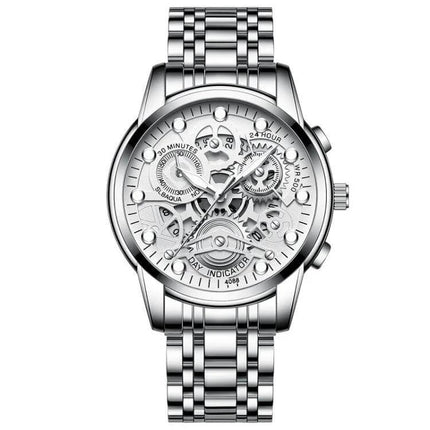FNGEEN Men's Waterproof Luminous Quartz Watch For Daily Use - silver stainless steel skeleton dial watch with luminous hands and 30m water resistance