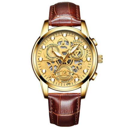 FNGEEN Men's Waterproof Luminous Quartz Watch For Daily Use - gold skeleton dial with brown leather strap, luminous hands, 30m water resistance