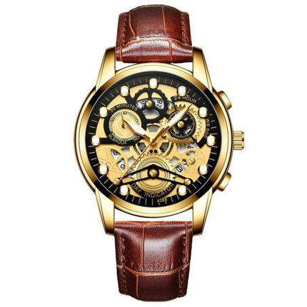 FNGEEN Men's Waterproof Luminous Quartz Watch For Daily Use - gold skeleton dial, luminous hands, brown leather band, 30m water resistant