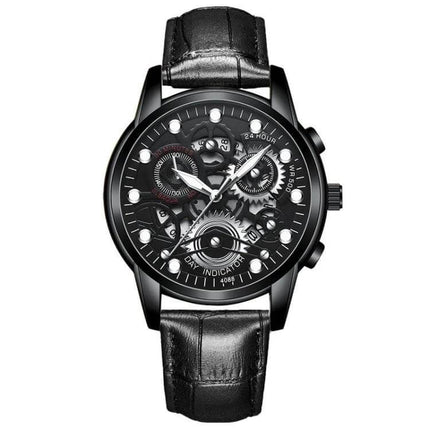 FNGEEN Men's Waterproof Luminous Quartz Watch For Daily Use - black skeleton dial with luminous markers and black leather strap