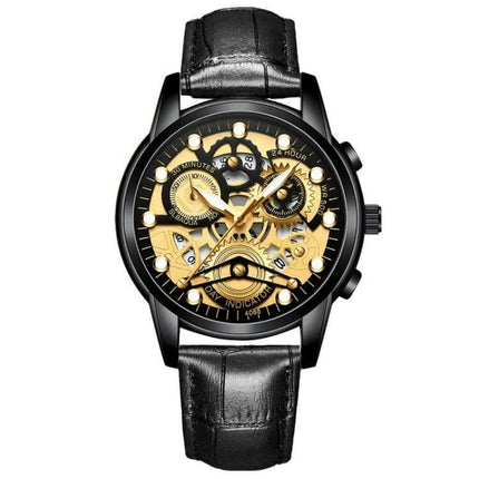 FNGEEN Men's Waterproof Luminous Quartz Watch For Daily Use - black leather strap gold skeleton dial quartz movement, 30m splash resistant