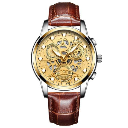 FNGEEN Men's Waterproof Luminous Quartz Watch For Daily Use gold skeleton dial brown leather strap