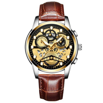 Alt Tag: FNGEEN Men's Waterproof Luminous Quartz Watch For Daily Use - brown leather band gold skeleton dial quartz timepiece, 30m splash-resistant