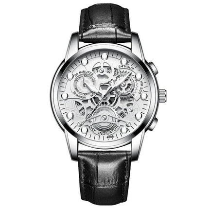 FNGEEN Men's Waterproof Luminous Quartz Watch For Daily Use - silver skeleton dial leather strap watch, luminous hands, 30m water resistant