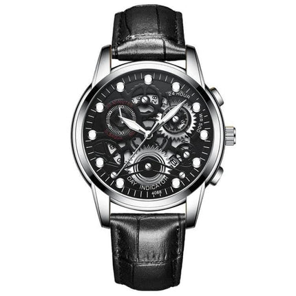 FNGEEN Men's Waterproof Luminous Quartz Watch For Daily Use - black leather strap luminous dial quartz men's watch, 30m water resistant