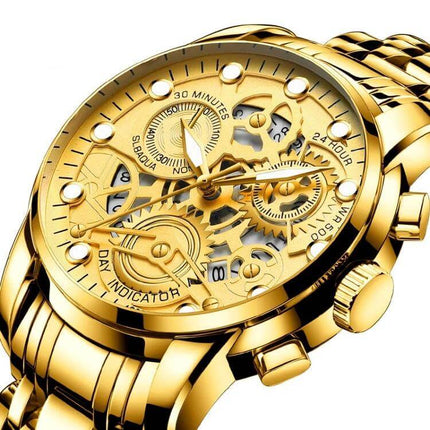 FNGEEN Men's Waterproof Luminous Quartz Watch For Daily Use - gold luminous dial quartz men's watch, 30m water-resistant, classic pointer display