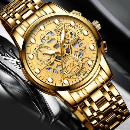 FNGEEN Men's Waterproof Luminous Quartz Watch For Daily Use - gold skeletal dial, luminous hands, stainless steel band, 30m water resistant