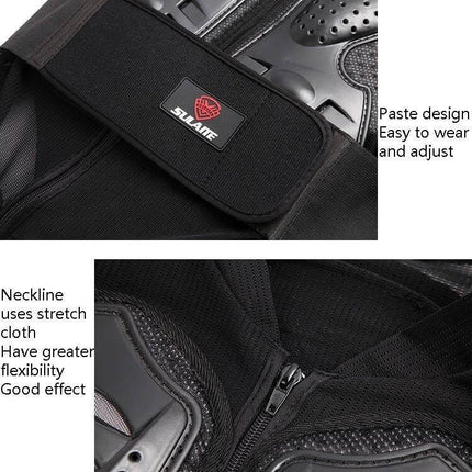 Sulaite Sleeveless Riding Protective Vest for Cycling and Skating Sizes M to XXXL - close-up of black EVA foam and PE shell back protector with adjustable paste strap and zipper