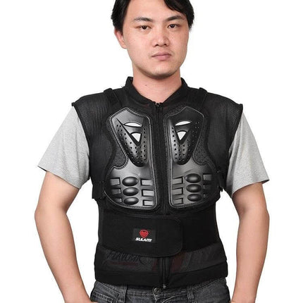 Sulaite Sleeveless Riding Protective Vest for Cycling and Skating Sizes M to XXXL - black sleeveless protective vest with EVA foam and PE shell on model