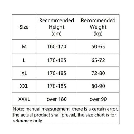 Sulaite Sleeveless Riding Protective Vest for Cycling and Skating Sizes M to XXXL size chart showing recommended height and weight