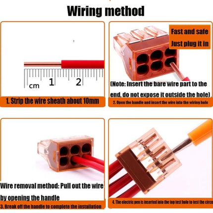 VSELE Four-Hole Terminal Block for Wire Connections showing wiring method with stripped wire insertion and plug-in terminals