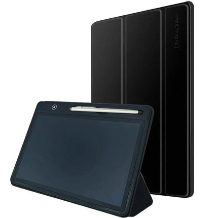 Portable LCD Handwriting Board for Drawing and Notes with Case showing black tablet, stylus holder, protective folding cover and stand