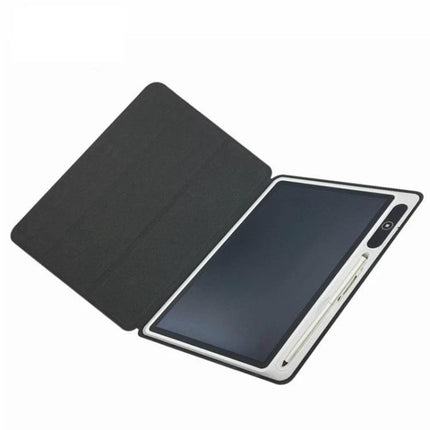 Portable LCD Handwriting Board for Drawing and Notes with Case showing open protective cover, stylus holder, and smart screen lock