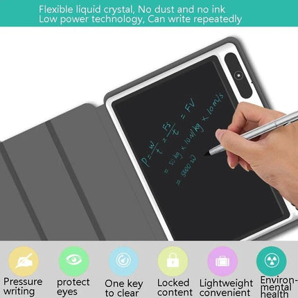 Portable LCD Handwriting Board for Drawing and Notes with Case shown in protective folio with stylus writing math notes, lock and one-key erase