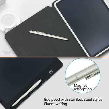 Portable LCD Handwriting Board for Drawing and Notes with Case showing tablet, protective case, stainless steel stylus with magnet, ideal for notes and travel