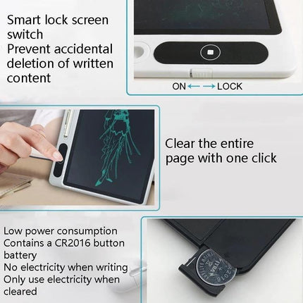 Portable LCD Handwriting Board for Drawing and Notes with Case showing smart screen lock, one-click erase, low-power CR2016 battery and protective case