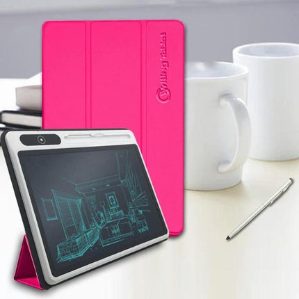 Portable LCD Handwriting Board for Drawing and Notes with Case showing pink protective cover, stylus, and sketch on reusable LCD screen