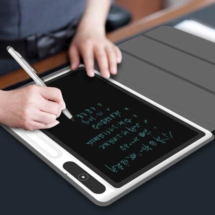 Portable LCD Handwriting Board for Drawing and Notes with Case showing handwritten notes, stylus in use and protective case, eco-friendly reusable tablet