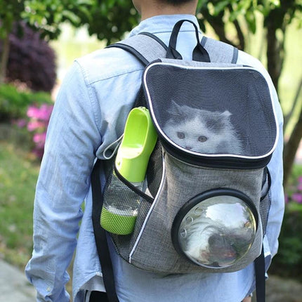 Convenient Pet Food and Water Cup for Daily Outings shown attached to a backpack with cat inside, dual food and water compartments for walks