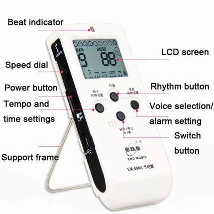 ENO Electronic Metronome for Everyday Music Practice at Home white digital metronome showing LCD, buttons, speed dial and support frame