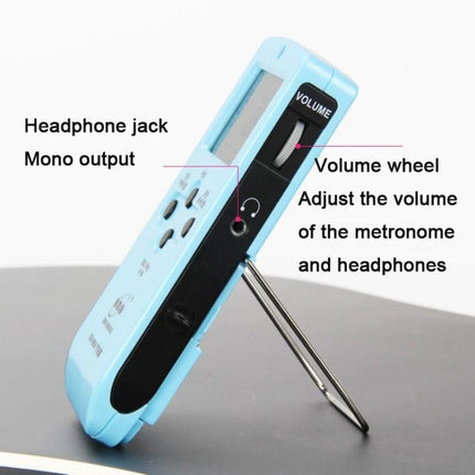 ENO Electronic Metronome for Everyday Music Practice at Home compact blue metronome on desk showing volume wheel and headphone jack