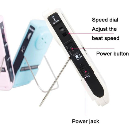 ENO Electronic Metronome for Everyday Music Practice at Home - white metronome showing speed dial, power button, power jack on desk stand