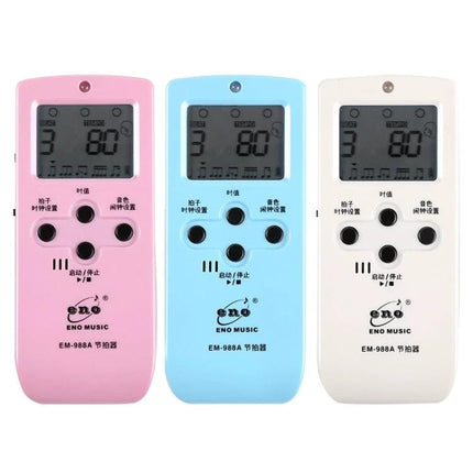 ENO Electronic Metronome for Everyday Music Practice at Home - three colorful ENO EM-988A metronomes (pink blue white) on white background