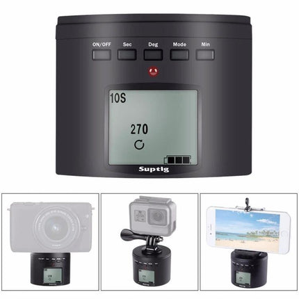 Suptig RSX-350 Motorized Turntable for Time-Lapse Photography showing LCD control panel and examples with camera, action cam, and smartphone