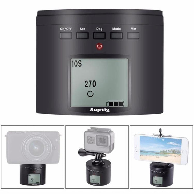 Suptig RSX-350 Motorized Turntable for Time-Lapse Photography showing LCD control panel and examples with camera, action cam, and smartphone