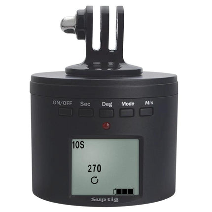 Suptig RSX-350 Motorized Turntable for Time-Lapse Photography showing black motorized base with LCD display and GoPro-style mount
