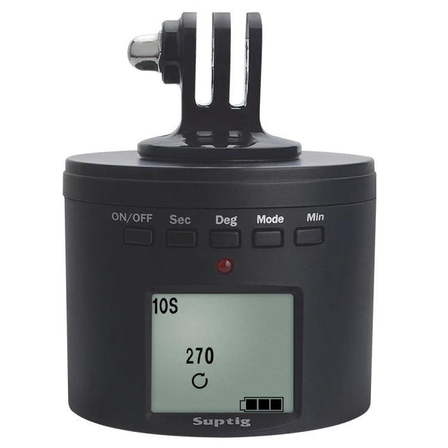 Suptig RSX-350 Motorized Turntable for Time-Lapse Photography showing black motorized base with LCD display and GoPro-style mount