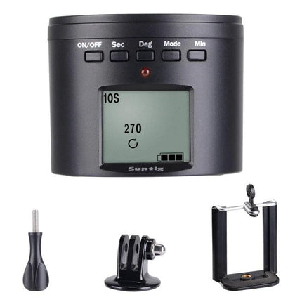 Suptig RSX-350 Motorized Turntable for Time-Lapse Photography showing control panel, display and smartphone/action camera mounts