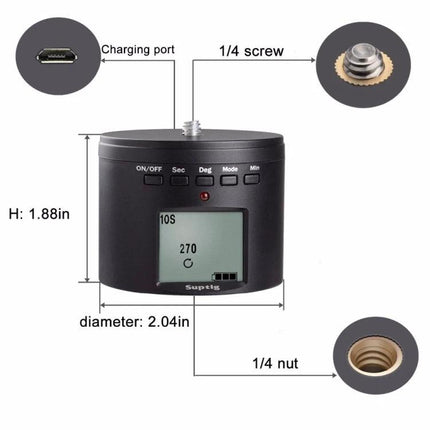 Suptig RSX-350 Motorized Turntable for Time-Lapse Photography showing controls, LCD, 1/4" screw and charging port