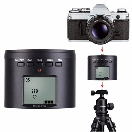 Suptig RSX-350 Motorized Turntable for Time-Lapse Photography showing digital control unit rotating camera on tripod for smooth time-lapse shots