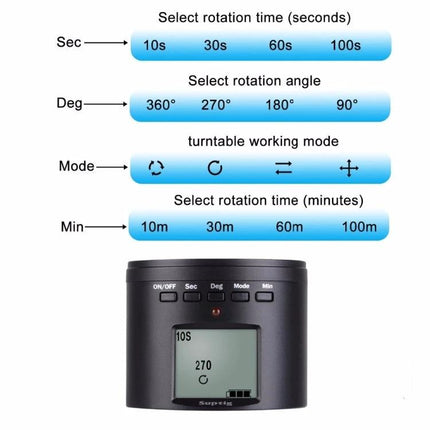 Suptig RSX-350 Motorized Turntable for Time-Lapse Photography control panel showing rotation time, angle, mode icons and LCD display