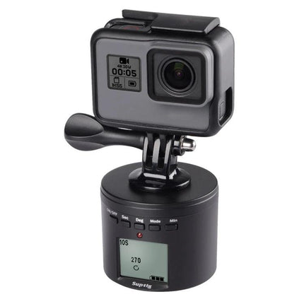 Suptig RSX-350 Motorized Turntable for Time-Lapse Photography with action camera mounted showing digital display and rotation controls