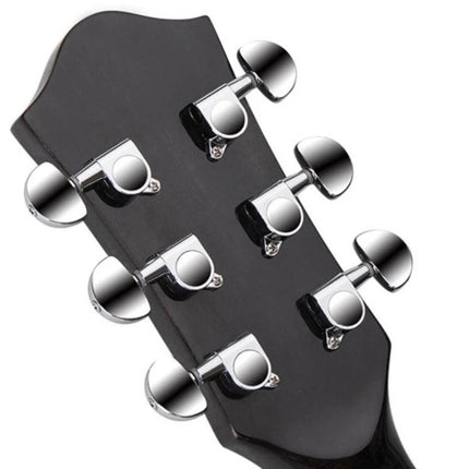 Folk Acoustic Guitar for Beginner Daily Music Practice Sessions - close-up of black headstock with six chrome tuning pegs