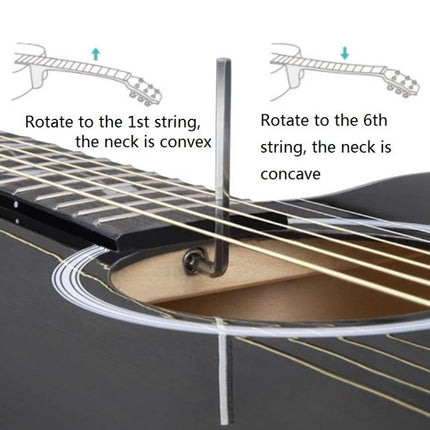 Folk Acoustic Guitar for Beginner Daily Music Practice Sessions - adjustable truss rod shown with hex wrench lowering and raising neck relief