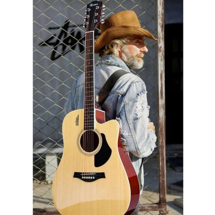 Folk Acoustic Guitar for Beginner Daily Music Practice Sessions - wooden folk acoustic guitar on man with cowboy hat for daily practice