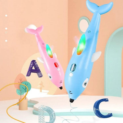 3D Printing Pen for Creative 3D Art in Dolphin Pink showing dolphin-shaped handheld 3D drawing pen with built-in battery and three-speed controls