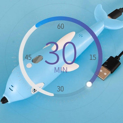 3D Printing Pen for Creative 3D Art in Dolphin Pink showing 30 min battery runtime and USB charging cable