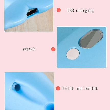 3D Printing Pen for Creative 3D Art in Dolphin Pink showing USB charging port, switch, inlet and outlet close-ups