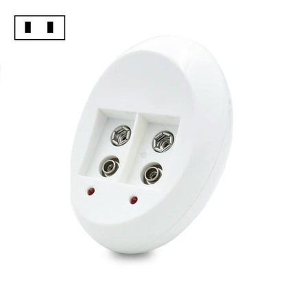 9V Lithium Ion Rechargeable Battery and Charger with US EU Plugs white dual-slot charger for smoke detectors and remotes, US and EU plug compatible