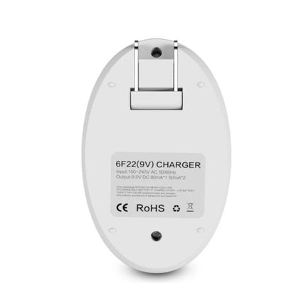 9V Lithium Ion Rechargeable Battery and Charger with US EU Plugs - white 9V charger back view with foldable US/EU plug