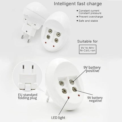 9V Lithium Ion Rechargeable Battery and Charger with US EU Plugs shown with EU folding plug, 9V battery terminals, and LED indicator