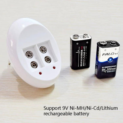 9V Lithium Ion Rechargeable Battery and Charger with US EU Plugs white dual-slot 9V charger with two rechargeable 9V batteries
