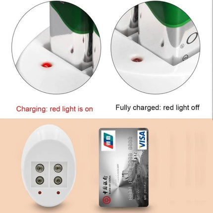 9V Lithium Ion Rechargeable Battery and Charger with US EU Plugs showing charging red LED on and off, dual US/EU plug charger for 9V rechargeable batteries