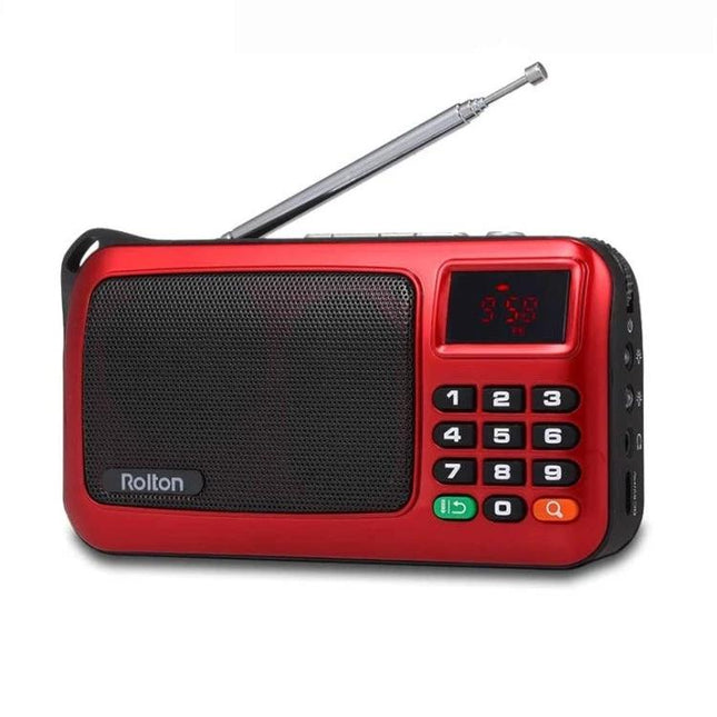 Rolton Portable Mini FM Radio for Music and Daily Listening red portable radio with keypad, telescopic antenna and TF card slot
